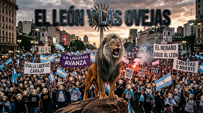 Ilustración editorial de un león sobre una multitud con rostros de oveja sosteniendo banderas argentinas y carteles de La Libertad Avanza bajo el título El León y las Ovejas.